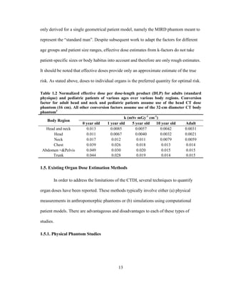 13
only derived for a single geometrical patient model, namely the MIRD phantom meant to
represent the ―standard man‖. Despite subsequent work to adapt the factors for different
age groups and patient size ranges, effective dose estimates from k-factors do not take
patient-specific sizes or body habitus into account and therefore are only rough estimates.
It should be noted that effective doses provide only an approximate estimate of the true
risk. As stated above, doses to individual organs is the preferred quantity for optimal risk.
Table 1.2 Normalized effective dose per dose-length product (DLP) for adults (standard
physique) and pediatric patients of various ages over various body regions. Conversion
factor for adult head and neck and pediatric patients assume use of the head CT dose
phantom (16 cm). All other conversion factors assume use of the 32-cm diameter CT body
phantom3
Body Region
k (mSv mGy-1
cm-1
)
0 year old 1 year old 5 year old 10 year old Adult
Head and neck 0.013 0.0085 0.0057 0.0042 0.0031
Head 0.011 0.0067 0.0040 0.0032 0.0021
Neck 0.017 0.012 0.011 0.0079 0.0059
Chest 0.039 0.026 0.018 0.013 0.014
Abdomen ≈&Pelvis 0.049 0.030 0.020 0.015 0.015
Trunk 0.044 0.028 0.019 0.014 0.015
1.5. Existing Organ Dose Estimation Methods
In order to address the limitations of the CTDI, several techniques to quantify
organ doses have been reported. These methods typically involve either (a) physical
measurements in anthropomorphic phantoms or (b) simulations using computational
patient models. There are advantageous and disadvantages to each of these types of
studies.
1.5.1. Physical Phantom Studies
 