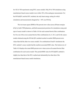 46
for 102 of 108 experiments using HVL source models. Only 49 of 100 simulations using
manufacturer-based source models were within 10% of the analogous measurement. For
the HVL&QVL and the HVL methods, the only beam energy setting for which
simulations and measurements disagreed by > 10% was 80 kVp.
The root mean square (RMS) of the percent error value across all beam energies
(kVp‘s), both CTDI phantoms, and both measurement positions for simulations using each
type of source model is shown in Table 4.10 for each scanner/bowtie filter combination.
For five out of the seven scanner/bowtie filter combinations (A, C, D, E, and G) the source
models obtained using the HVL& QVL method resulted in smaller RMS percent error
values than did the other two source models. For combinations B and F simulations the
HVL method‘s source models had the smallest associated RMS value. The bottom row of
Table 4.10 displays the mean RMS percent error values across all scanner/bowtie filter
combination for each source model. This pooled RMS value for HVL&QVL method is
slightly less than that of the HVL method and substantially less than that of the
manufacturer-based source model simulations.
 