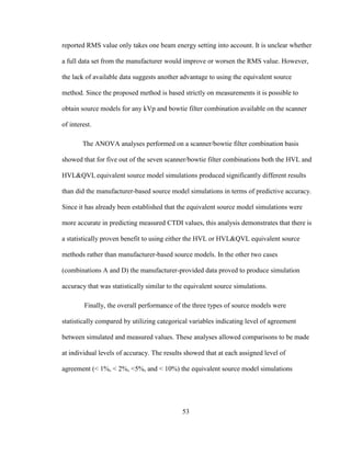 53
reported RMS value only takes one beam energy setting into account. It is unclear whether
a full data set from the manufacturer would improve or worsen the RMS value. However,
the lack of available data suggests another advantage to using the equivalent source
method. Since the proposed method is based strictly on measurements it is possible to
obtain source models for any kVp and bowtie filter combination available on the scanner
of interest.
The ANOVA analyses performed on a scanner/bowtie filter combination basis
showed that for five out of the seven scanner/bowtie filter combinations both the HVL and
HVL&QVL equivalent source model simulations produced significantly different results
than did the manufacturer-based source model simulations in terms of predictive accuracy.
Since it has already been established that the equivalent source model simulations were
more accurate in predicting measured CTDI values, this analysis demonstrates that there is
a statistically proven benefit to using either the HVL or HVL&QVL equivalent source
methods rather than manufacturer-based source models. In the other two cases
(combinations A and D) the manufacturer-provided data proved to produce simulation
accuracy that was statistically similar to the equivalent source simulations.
Finally, the overall performance of the three types of source models were
statistically compared by utilizing categorical variables indicating level of agreement
between simulated and measured values. These analyses allowed comparisons to be made
at individual levels of accuracy. The results showed that at each assigned level of
agreement (< 1%, < 2%, <5%, and < 10%) the equivalent source model simulations
 