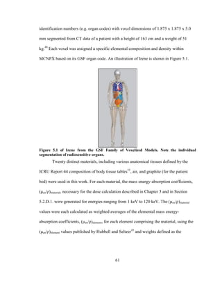 61
identification numbers (e.g. organ codes) with voxel dimensions of 1.875 x 1.875 x 5.0
mm segmented from CT data of a patient with a height of 163 cm and a weight of 51
kg.40
Each voxel was assigned a specific elemental composition and density within
MCNPX based on its GSF organ code. An illustration of Irene is shown in Figure 5.1.
Figure 5.1 of Irene from the GSF Family of Voxelized Models. Note the individual
segmentation of radiosensitive organs.
Twenty distinct materials, including various anatomical tissues defined by the
ICRU Report 44 composition of body tissue tables55
, air, and graphite (for the patient
bed) were used in this work. For each material, the mass energy-absorption coefficients,
(μen/ρ)material, necessary for the dose calculation described in Chapter 3 and in Section
5.2.D.1. were generated for energies ranging from 1 keV to 120 keV. The (μen/ρ)material
values were each calculated as weighted averages of the elemental mass energy-
absorption coefficients, (μen/ρ)element, for each element comprising the material, using the
(μen/ρ)element values published by Hubbell and Seltzer45
and weights defined as the
 