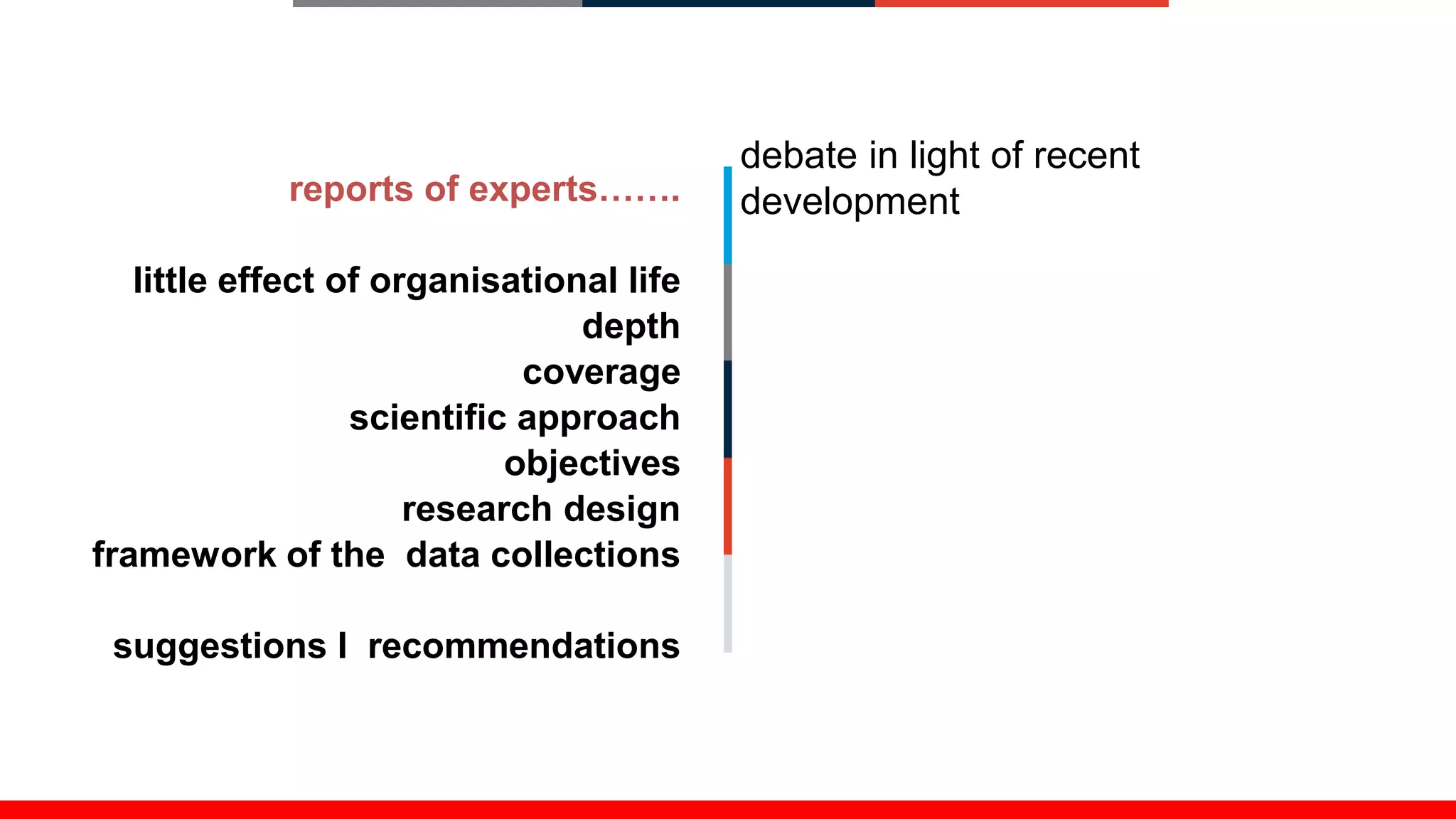 debate in light of recent
developmentreports of experts…….
little effect of organisational life
depth
coverage
scientific approach
objectives
research design
framework of the data collections
suggestions I recommendations
 
