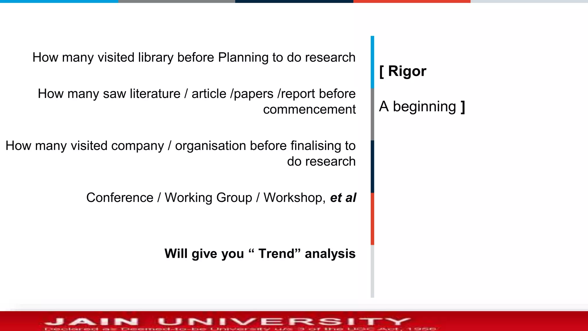 [ Rigor
A beginning ]
How many visited library before Planning to do research
How many saw literature / article /papers /report before
commencement
How many visited company / organisation before finalising to
do research
Conference / Working Group / Workshop, et al
Will give you “ Trend” analysis
 