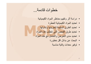 ‫ﻗﺎدﻣﺔ‬ ‫ﺧﻄﻮات‬...
•‫اﻟﻛﯾﻣﯾﺎﺋﯾﺔ‬ ‫اﻟﻣواد‬ ‫ﻣﺧﺎطر‬ ‫وﺗﻘﯾﯾم‬ ‫أﺛر‬ ‫دراﺳﺔ‬
•‫اﻟﺧطرة‬ ‫اﻟﻛﯾﻣﯾﺎﺋﯾﺔ‬ ‫اﻟﻣواد‬ ‫ﺗﺣدﯾد‬
•‫وﺗداوﻟﮭﺎ‬ ‫ﻟﺗﺧزﯾﻧﮭﺎ‬ ‫اﻟﺳﻠﯾﻣﺔ‬ ‫اﻟطرق‬ ‫ﺗﺣدﯾد‬
•‫اﻟﻣواد‬ ‫ھذه‬ ‫ﺗﺗطﻠب‬ ‫اﻟﺗﻲ‬ ‫اﻟﻔﺣص‬ ‫طرق‬ ‫ﺗﺣدﯾد‬
•‫اﻟﻣواد‬ ‫ھذه‬ ‫ﻣﻊ‬ ‫واﻟﺗﻌﺎﻣل‬ ‫اﻟﺗﻌرض‬ ‫ﻣدى‬ ‫ﺗﺣدﯾد‬
•‫ﺧطورة‬ ‫اﻗل‬ ‫ﺑداﺋل‬ ‫ﻋن‬ ‫اﻟﺑﺣث‬
•‫ﻣﻧﺎﺳﺑﺔ‬ ‫وﻗﺎﯾﺔ‬ ‫ﻣﻌدات‬ ‫ﺗوﻓﯾر‬
19
 