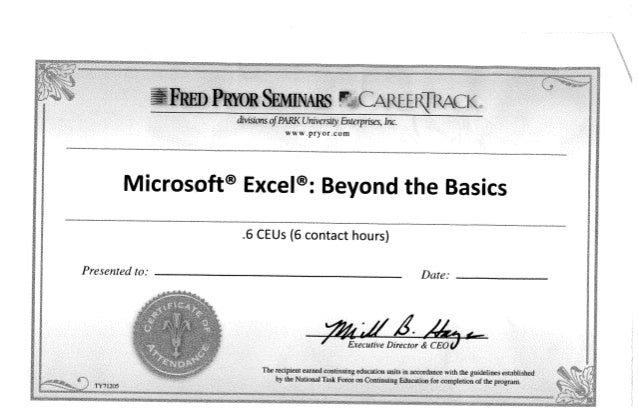 excel training certificate