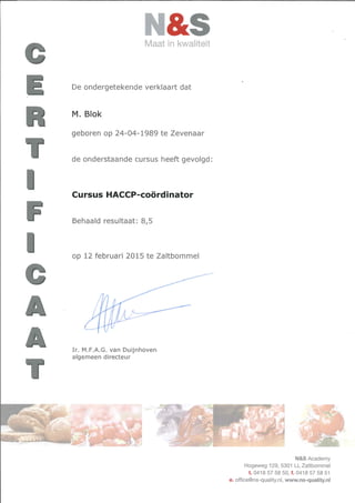 HACCP coordinator certificaat