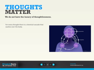THOUGHTS
MATTER
We do not have the luxury of thoughtlessness.
For every thought there is a chemical cascade that
washes over the body.
1 of 11
Contact Me
elizabethd@lakepointe.org
 