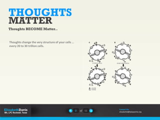 THOUGHTS
MATTER
Thoughts BECOME Matter..
Thoughts change the very structure of your cells …
every 20 to 30 trillion cells.
2 of 11
Contact Me
elizabethd@lakepointe.org
 