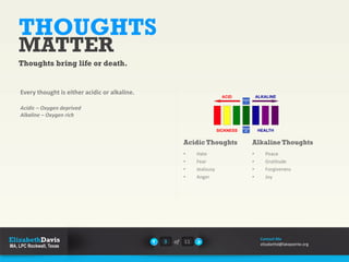 THOUGHTS
MATTER
Thoughts bring life or death.
Every thought is either acidic or alkaline.
Acidic – Oxygen deprived
Alkaline – Oxygen rich
3 of 11
Contact Me
elizabethd@lakepointe.org
• Hate
• Fear
• Jealousy
• Anger
Acidic Thoughts
• Peace
• Gratitude
• Forgiveness
• Joy
Alkaline Thoughts
 