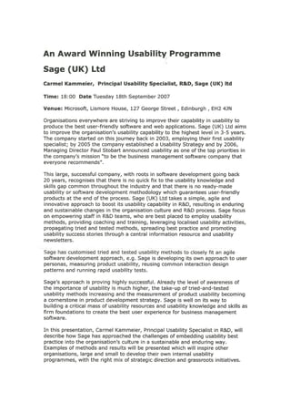 An Award Winning Usability Programme - Sage UKI Ltd