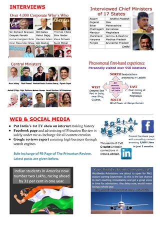 INTERVIEWS


















WEB&SOCIALMEDIA
● PutIndia’s1stTVshowoninternet​makinghistory
● Facebookpage​andadvertisingofPrincetonReviewis
solelyundermeasinchargeforallcontentcreation
● Googlereviewsexpert​ensuringhighbusinessthrough
searchengines


 
 