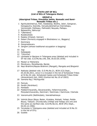 3
STATE LIST OF BCs
(List of BCs of Telangana State)
GROUP-A
(Aboriginal Tribes, Vimuktha Jathis, Nomadic and Semi-
Nomadic Tribes etc.)
1 Agnikulakshatriya, Palli, Vadabalija, Bestha, Jalari, Gangavar,
Gangaputra, Goondla, Vanyakulakshatriya (Vannekapu,
Vannereddi, Pallikapu, Pallireddi) Neyyala, Pattapu.
2 Balasanthu, Bahurupi
3 *[Bandara]
4 Budabukkala
5 Rajaka (Chakali, Vannar)
6 Dasari (formerly engaged in Bikshatana i.e., Beggary)
7 Dommara
8 Gangiredlavaru
9 Jangam (whose traditional occupation is begging)
10 Jogi
11 Katipapala
12 *[Korcha]
13 Lambada or Banjara in Telangana area (deleted and included in
ST list vide. G.O.Ms.No.149, SW, Dt.03.05.1978)
14 Medari or Mahendra
15 Mondivaru, Mondibanda, Banda
16 Nayi-Brahmin/Nayee-Brahmin (Mangali), Mangala and Bhajantri
17 Nakkala (deleted vide. G.O.Ms.No.21, BCW (C2) Dept.,
Dt.20.06.2011, since it is included in the list of Scheduled Tribes
at Sl.No.34 vide. Scheduled Castes and Scheduled Tribes Order
(Amendment) Act, 2002 (Central Act No.10 of 2003)
18 Vamsha Raj / Pitchiguntla
19 Pamula
20 Pardhi (Nirshikari)
21 Pambala
22 Peddammavandlu, Devaravandlu, Yellammavandlu,
Mutyalammavandlu, Dammali / Dammala / Dammula / Damala
23 Veeramushti (Nettikotala), Veerabhadreeya
24 Valmiki Boya (Boya, Bedar, Kirataka, Nishadi, Yellapi, Pedda
Boya), Talayari, Chunduvallu (Yellapi and Yellapu are one and
the same as clarified vide. G.O.Ms.No.61, BCW (M1) Dept.,
Dt.05.12.1996)
25 Yerukalas in Telangana area (deleted and included at Sl.No.31
in the list of STs)
26 Gudala
 