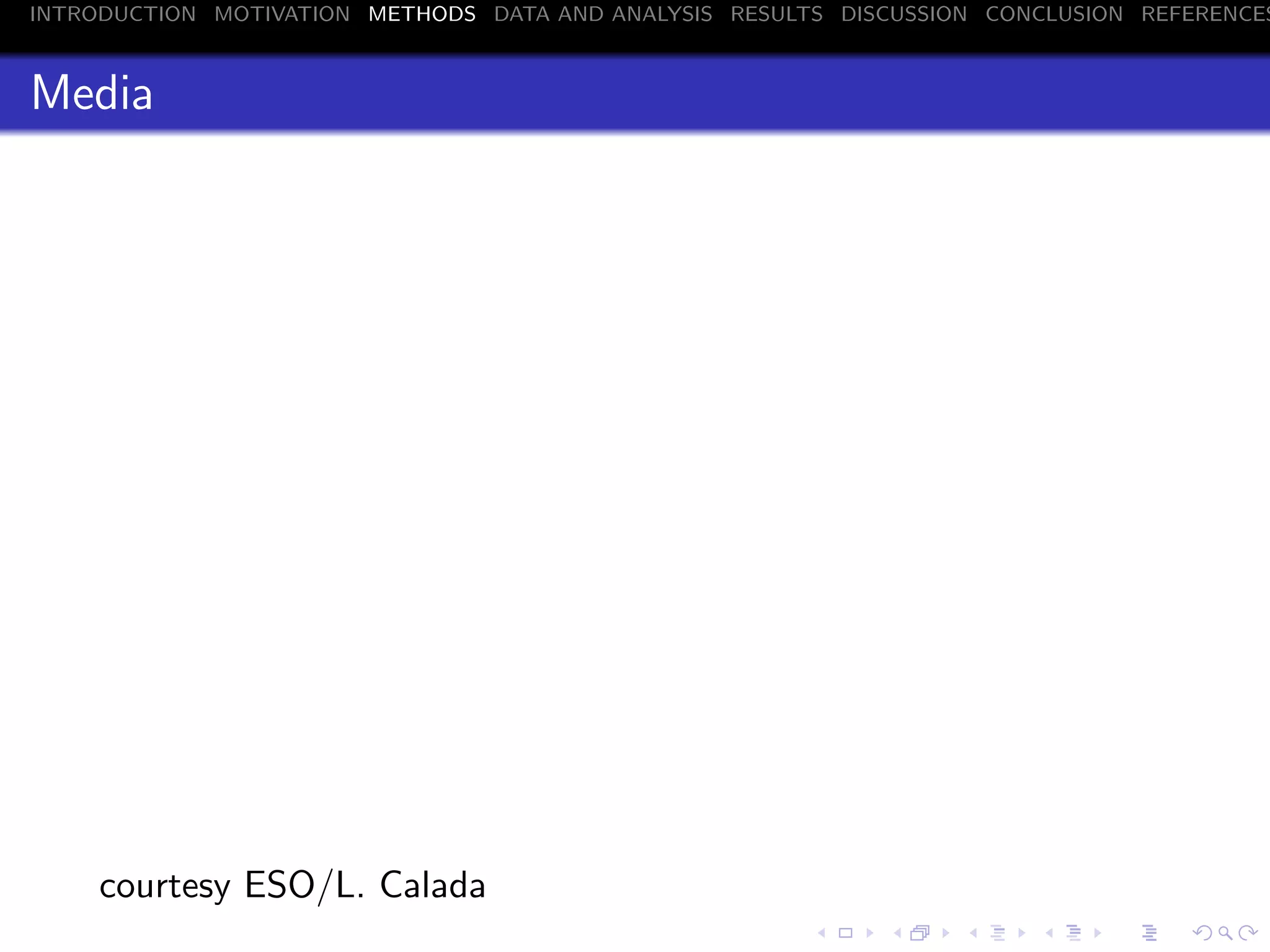 INTRODUCTION MOTIVATION METHODS DATA AND ANALYSIS RESULTS DISCUSSION CONCLUSION REFERENCES
Media
courtesy ESO/L. Calada
 