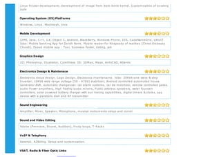 Linux Router development; Development of image from bare-bone kernel. Customization of existing
code
Operating System (OS) Platforms
Windows, Linux, Macintosh, Unix
Mobile Development
J2ME, Java, C++, C#, Object C, Android, BlackBerry, Windows Phone, IOS, CodeNameOne, LWUIT
Jobs: Mobile banking App for Zenith Bank. Mobile reader for Rhapsody of realities (Christ Embassy
Church), Exood mobile app : Taxi, business finder, dating, job
Graphics Design
2D: Photoshop, Illustrator, CorelDraw; 3D: 3DMax, Maya, ArchiCAD, Atlantis
Electronics Design & Maintenace
Electronics circuit design. Logic Design. Electronics maintenance. Jobs: 20KVA sine wave & step
Inverter; 10KVA wide range voltage (50 - 470V) stabilizer; Android controlled automated house.
Generator AVR, automatic changeover. car alarm systems, car de-mobilizer, remote controlled gates,
audio Power amplifiers, High fidelity audio mixers, Public address speakers, water fountain
controllers, solar powered battery charger with sun tracing capabilities, digital timers & clocks, spy
device with a parabolic dish and RF transmitter
Sound Engineering
Amplifier, Mixer, Speaker, Microphone, musical instruments setup and conrol
Sound and Video Editing
Adobe (Premiere, Encore, Audition), Fruity loops, T-Racks
VoIP & Telephony
Asterisk, A2Billing. Setup and customization.
VSAT, Radio & Fiber Optic Links
 
