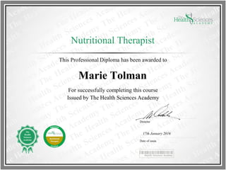 Marie Tolman
Nutritional Therapist
17th January 2016
 