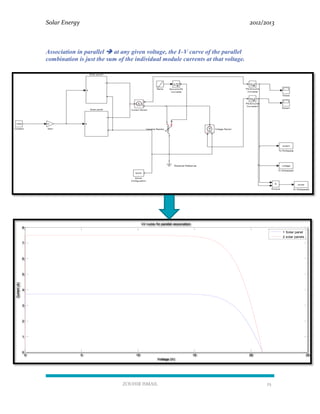 Solar Energy 2012/2013
ZOUHIR ISMAIL 25
Association in parallel  at any given voltage, the I–V curve of the parallel
combination is just the sum of the individual module currents at that voltage.
0 5 10 15 20 25
0
1
2
3
4
5
6
7
8
Voltage (V)
Current(A)
I-V cures for parallel association
1 Solar panel
2 solar panels
 