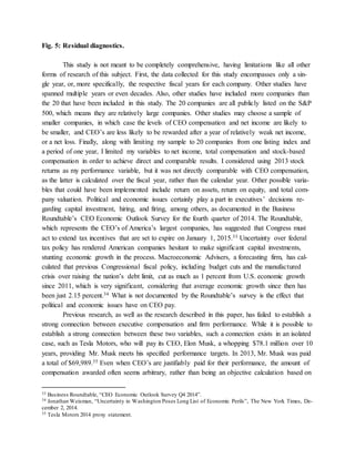 Fig. 5: Residual diagnostics.
This study is not meant to be completely comprehensive, having limitations like all other
forms of research of this subject. First, the data collected for this study encompasses only a sin-
gle year, or, more specifically, the respective fiscal years for each company. Other studies have
spanned multiple years or even decades. Also, other studies have included more companies than
the 20 that have been included in this study. The 20 companies are all publicly listed on the S&P
500, which means they are relatively large companies. Other studies may choose a sample of
smaller companies, in which case the levels of CEO compensation and net income are likely to
be smaller, and CEO’s are less likely to be rewarded after a year of relatively weak net income,
or a net loss. Finally, along with limiting my sample to 20 companies from one listing index and
a period of one year, I limited my variables to net income, total compensation and stock-based
compensation in order to achieve direct and comparable results. I considered using 2013 stock
returns as my performance variable, but it was not directly comparable with CEO compensation,
as the latter is calculated over the fiscal year, rather than the calendar year. Other possible varia-
bles that could have been implemented include return on assets, return on equity, and total com-
pany valuation. Political and economic issues certainly play a part in executives’ decisions re-
garding capital investment, hiring, and firing, among others, as documented in the Business
Roundtable’s CEO Economic Outlook Survey for the fourth quarter of 2014. The Roundtable,
which represents the CEO’s of America’s largest companies, has suggested that Congress must
act to extend tax incentives that are set to expire on January 1, 2015.33 Uncertainty over federal
tax policy has rendered American companies hesitant to make significant capital investments,
stunting economic growth in the process. Macroeconomic Advisers, a forecasting firm, has cal-
culated that previous Congressional fiscal policy, including budget cuts and the manufactured
crisis over raising the nation’s debt limit, cut as much as 1 percent from U.S. economic growth
since 2011, which is very significant, considering that average economic growth since then has
been just 2.15 percent.34 What is not documented by the Roundtable’s survey is the effect that
political and economic issues have on CEO pay.
Previous research, as well as the research described in this paper, has failed to establish a
strong connection between executive compensation and firm performance. While it is possible to
establish a strong connection between these two variables, such a connection exists in an isolated
case, such as Tesla Motors, who will pay its CEO, Elon Musk, a whopping $78.1 million over 10
years, providing Mr. Musk meets his specified performance targets. In 2013, Mr. Musk was paid
a total of $69,989.35 Even when CEO’s are justifiably paid for their performance, the amount of
compensation awarded often seems arbitrary, rather than being an objective calculation based on
33 Business Roundtable, “CEO Economic Outlook Survey Q4 2014”.
34 Jonathan Weisman, “Uncertainty in Washington Poses Long List of Economic Perils”, The New York Times, De-
cember 2, 2014.
35 Tesla Motors 2014 proxy statement.
 