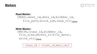 Read Marker:
[READ,owner_id,data_id,blobber_id,
file_path,block_num,read_ctr]client
Write Marker:
[WRITE,trans_id,blobber_id,
file_size,merkle_rt(file_data),
write_ctr]client
trans_id = client_id,data_id,T
Markers
 