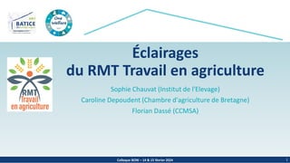 Colloque BOW – 14 & 15 février 2024
Éclairages
du RMT Travail en agriculture
Sophie Chauvat (Institut de l'Elevage)
Caroline Depoudent (Chambre d'agriculture de Bretagne)
Florian Dassé (CCMSA)
1
 