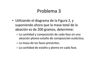 Problema 3
• Utilizando el diagrama de la Figura 2, y
suponiendo ahora que la masa total de la
aleación es de 200 gramos, determine:
– La cantidad y composición de cada fase en una
aleación plomo-estaño de composición eutéctica.
– La masa de las fases presentes.
– La cantidad de estaño y plomo en cada fase.
 