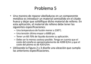 Problema 5
• Una manera de reparar abolladuras en un componente
metálico es introducir un material semisólido en el citado
hueco y dejar que solidifique dicho material de relleno. En
esta aplicación, el material de relleno debe tener las
siguientes especificaciones:
– Una temperatura de fusión menor a 230°C.
– Una tensión última mayor a 6000 psi.
– Tener un 60-70% de líquido durante su aplicación.
– Debe ser lo menos costosa posible. Tenga en cuenta que el
coste del estaño es aproximadamente de 4200 €/tm y que el
coste del plomo es de 420 €/tm.
• Utilizando la Figura 2 y 3 diseñe una aleación que cumpla
las anteriores especificaciones.
 