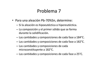 Problema 7
• Para una aleación Pb-70%Sn, determine:
– Si la aleación es hipoeutéctica o hipereutéctica.
– La composición y el primer sólido que se forma
durante la solidificación.
– Las cantidades y composiciones de cada fase a 184°C.
– Las cantidades y composiciones de cada fase a 182°C.
– Las cantidades y composiciones de cada
microconstituyente a 182°C.
– Las cantidades y composiciones de cada fase a 25°C.
 