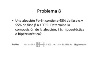 Problema 8
• Una aleación Pb-Sn contiene 45% de fase α y
55% de fase β a 100°C. Determine la
composición de la aleación. ¿Es hipoeutéctica
o hipereutéctica?
 