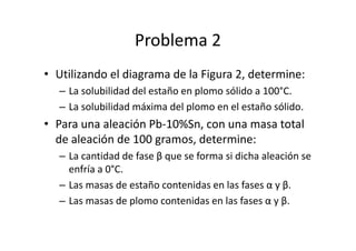 Problema 2
• Utilizando el diagrama de la Figura 2, determine:
– La solubilidad del estaño en plomo sólido a 100°C.
– La solubilidad máxima del plomo en el estaño sólido.
• Para una aleación Pb-10%Sn, con una masa total
de aleación de 100 gramos, determine:
– La cantidad de fase β que se forma si dicha aleación se
enfría a 0°C.
– Las masas de estaño contenidas en las fases α y β.
– Las masas de plomo contenidas en las fases α y β.
 