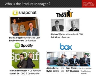 Who is the Product Manager ? 
Evan Spiegel Founder and CEO 
Bobby Murphy Co-founder 
Shahar Waiser - Founder & CEO 
Roi More - Founder 
Aaron Levie – CEO 
Dylan Smith – CFO 
Sam Ghods - Services Architect 
Jeff Queisser - Chief Systems 
Architect 
Martin Lorentzon – Co Founder 
Daniel Ek - CEO & Co-Founder 
 