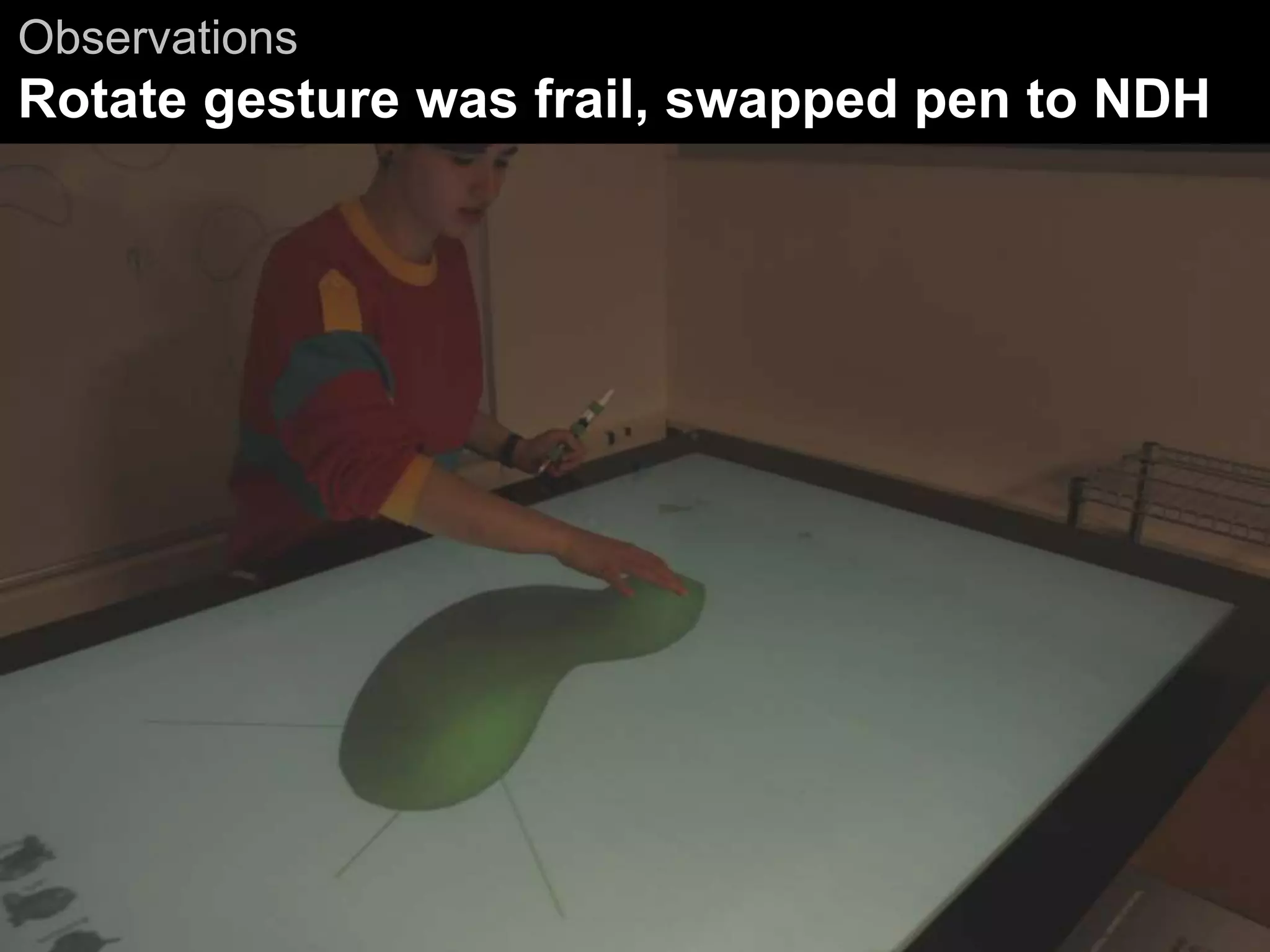 Observations
Rotate gesture was frail, swapped pen to NDH
 