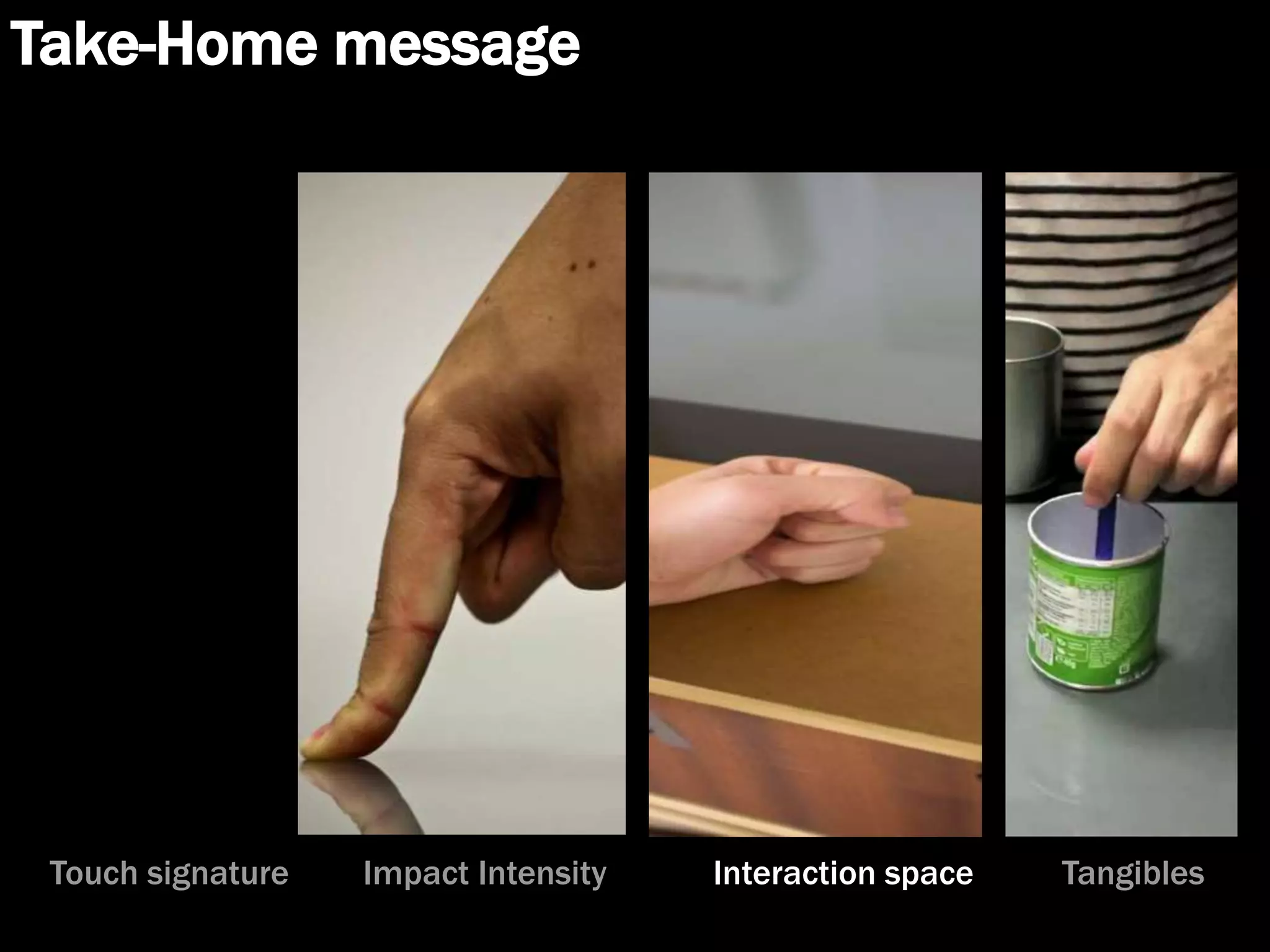 Take-Home message
Touch signature Impact Intensity Interaction space Tangibles
 