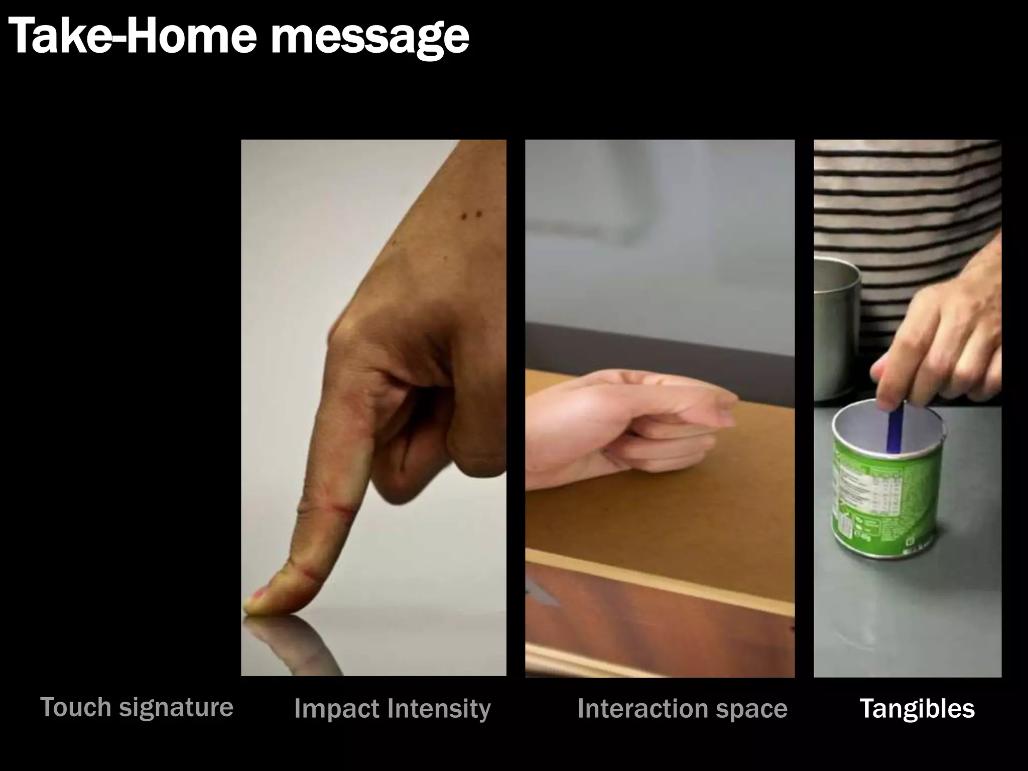 Take-Home message
Touch signature Impact Intensity Interaction space Tangibles
 
