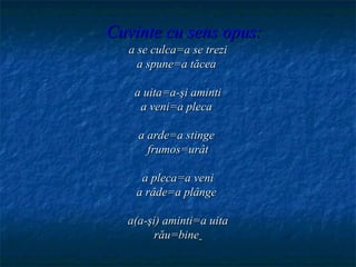 Cuvinte cu sens opus:
   a se culca=a se trezi
     a spune=a tăcea

    a uita=a-şi aminti
     a veni=a pleca

     a arde=a stinge
       frumos=urât

     a pleca=a veni
    a râde=a plânge

  a(a-şi) aminti=a uita
        rău=bine
 