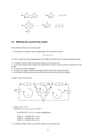 31
i
v v
i
21 ZZZ +=
2Z1Z Z
i
v
i
2Z
1Z
Z
21
111
ZZZ
+=
v
4.2 Méthode des courants des mailles
Cette méthode est basée sur la loi des mailles.
1 – on recherche le nombre de mailles indépendantes. On a la relation suivante :
)1( −−= NBM
avec M le nombre de mailles indépendantes, B le nombre de branches et N le nombre de nœuds du réseau.
2 – on attribue à chaque maille un courant de maille et un sens de parcours
3 – on écrit pour chaque maille l’équation de maille dont les inconnus sont les courants en utilisant la loi des
mailles
4 – on résout le système d’équations
5 – on calcule les courants circulant dans chaque branche à partir des courants de maille
6 – on en déduit la différence de potentiel entre deux nœuds en utilisant les lois des dipôles
exemple : soit le réseau suivant :
1 – nœuds A, B, C . N=3
branches (e1,z1), (z2), (z3), (z4), (e2,z5) B=5
d’ou M=B-(N-1)=5-(3-1)=3 mailles indépendantes :
maille m1 : composée de e1,z1 et z3
maille m2 : composée de z2,z4 et z3
maille m3 : composée de e2,z4 et z5
2 – on attribue à chaque maille un courant de maille et un sens de parcours
i1
e1
z1 z2
z3 z4
z5
e2
i3
i2
i4
i5
A B
C
m1
m2
m3
 