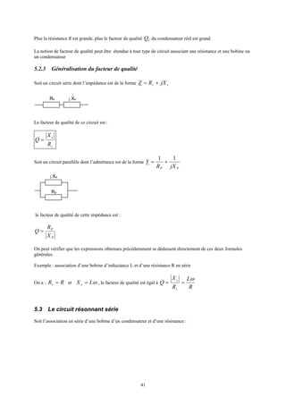 41
Plus la résistance R est grande, plus le facteur de qualité CQ du condensateur réel est grand.
La notion de facteur de qualité peut être étendue à tout type de circuit associant une résistance et une bobine ou
un condensateur
5.2.3 Généralisation du facteur de qualité
Soit un circuit série dont l’impédance est de la forme ss jXRZ +=
Rs j Xs
Le facteur de qualité de ce circuit est :
s
s
R
X
Q =
Soit un circuit parallèle dont l’admittance est de la forme
PP jXR
Y
11
+=
Rp
j Xp
le facteur de qualité de cette impédance est :
P
P
X
R
Q =
On peut vérifier que les expressions obtenues précédemment se déduisent directement de ces deux formules
générales.
Exemple : association d’une bobine d’inductance L et d’une résistance R en série
On a : RRs = et ωLX s = , le facteur de qualité est égal à
R
L
R
X
Q
s
s ω
==
5.3 Le circuit résonnant série
Soit l’association en série d’une bobine d’un condensateur et d’une résistance :
 