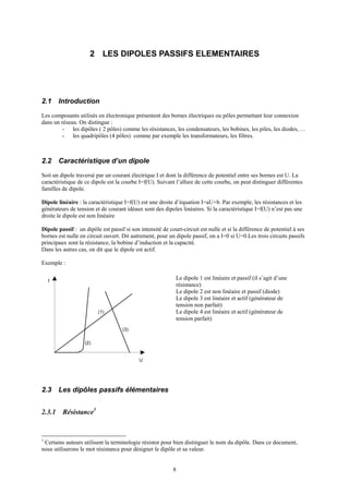 8
2 LES DIPOLES PASSIFS ELEMENTAIRES
2.1 Introduction
Les composants utilisés en électronique présentent des bornes électriques ou pôles permettant leur connexion
dans un réseau. On distingue :
- les dipôles ( 2 pôles) comme les résistances, les condensateurs, les bobines, les piles, les diodes, …
- les quadripôles (4 pôles) comme par exemple les transformateurs, les filtres.
2.2 Caractéristique d’un dipole
Soit un dipole traversé par un courant électrique I et dont la différence de potentiel entre ses bornes est U. La
caractéristique de ce dipole est la courbe I=f(U). Suivant l’allure de cette courbe, on peut distinguer différentes
familles de dipole.
Dipole linéaire : la caractéristique I=f(U) est une droite d’équation I=aU+b. Par exemple, les résistances et les
générateurs de tension et de courant idéaux sont des dipoles linéaires. Si la caractéristique I=f(U) n’est pas une
droite le dipole est non linéaire
Dipole passif : un dipôle est passif si son intensité de court-circuit est nulle et si la différence de potentiel à ses
bornes est nulle en circuit ouvert. Dit autrement, pour un dipole passif, on a I=0 si U=0.Les trois circuits passifs
principaux sont la résistance, la bobine d’induction et la capacité.
Dans les autres cas, on dit que le dipole est actif.
Exemple :
I
U
(1)
(3)
(2)
2.3 Les dipôles passifs élémentaires
2.3.1 Résistance1
1
Certains auteurs utilisent la terminologie résistor pour bien distinguer le nom du dipôle. Dans ce document,
nous utiliserons le mot résistance pour désigner le dipôle et sa valeur.
Le dipole 1 est linéaire et passif (il s’agit d’une
résistance)
Le dipole 2 est non linéaire et passif (diode)
Le dipole 3 est linéaire et actif (générateur de
tension non parfait)
Le dipole 4 est linéaire et actif (générateur de
tension parfait)
 