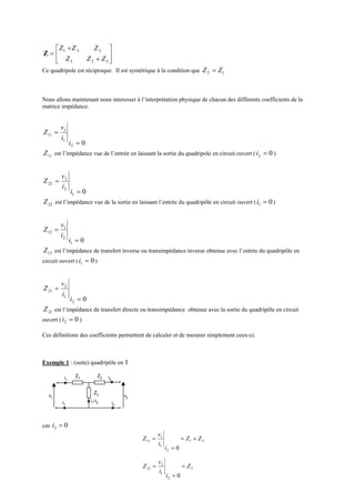 49






+
+
=
323
331
ZZZ
ZZZ
Z
Ce quadripole est réciproque. Il est symétrique à la condition que 12 ZZ =
Nous allons maintenant nous interesser à l’interprétation physique de chacun des différents coefficients de la
matrice impédance.
02
1
1
11
=
=
i
i
v
Z
11Z est l’impédance vue de l’entrée en laissant la sortie du quadripole en circuit ouvert ( 02 =i )
01
2
2
22
=
=
i
i
v
Z
22Z est l’impédance vue de la sortie en laissant l’entrée du quadripôle en circuit ouvert ( 01 =i )
01
2
1
12
=
=
i
i
v
Z
12Z est l’impédance de transfert inverse ou transimpédance inverse obtenue avec l’entrée du quadripôle en
circuit ouvert ( 01 =i )
02
1
2
21
=
=
i
i
v
Z
21Z est l’impédance de transfert directe ou transimpédance obtenue avec la sortie du quadripôle en circuit
ouvert ( 02 =i )
Ces définitions des coefficients permettent de calculer et de mesurer simplement ceux-ci.
Exemple 1 : (suite) quadripôle en T
v1
i1
i1 i2
v2
i2
i1+i2
Z1 Z2
Z3
cas 02 =i
31
2
1
1
11
0
ZZ
i
i
v
Z +=
=
=
3
2
1
2
21
0
Z
i
i
v
Z =
=
=
 