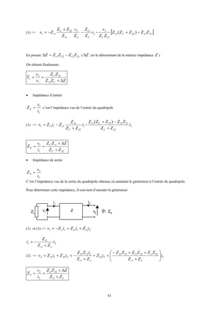 61
(1) =>
C
C
Z
v
Z
ZZ
Zv 2
21
22
111
+
−= 2
12
v
Z
Z
C
− = [ ]21122211
21
2
)( ZZZZZ
ZZ
v
C
C
−+
En posant 21122211 ZZZZZ −=∆ ( Z∆ est le déterminant de la matrice impédance Z )
On obtient finalement :
ZZZ
ZZ
v
v
T
C
C
v
∆+
==
11
21
1
2
• Impédance d’entrée
1
1
i
v
ZE = c’est l’impédance vue de l’entrée du quadripole
(1) => 1
22
21
121111 i
ZZ
Z
ZiZv
C +
−= = 1
22
21122211 )(
i
ZZ
ZZZZZ
C
C
+
−+
22
11
1
1
ZZ
ZZZ
i
v
Z
C
C
E
+
∆+
==
• Impédance de sortie
2
2
i
v
ZS =
C’est l’impédance vue de la sortie du quadripole obtenue en annulant le générateur à l’entrée du quadripole.
Pour déterminer cette impédance, il convient d’annuler le générateur
(1) et (3) => 21211111 iZiZiZv L +=−=
2
11
12
1 i
ZZ
Z
i
L+
−=
(2) => 2
11
2222111221
222
11
21221
2221212 i
ZZ
ZZZZZZ
iZ
ZZ
iZZ
iZiZv
L
L
L






+
++−
=+
+
−=+=
L
L
S
ZZ
ZZZ
i
v
Z
+
∆+
==
11
22
2
2
v1
i1
v2
i2
ZZL
ZS
 