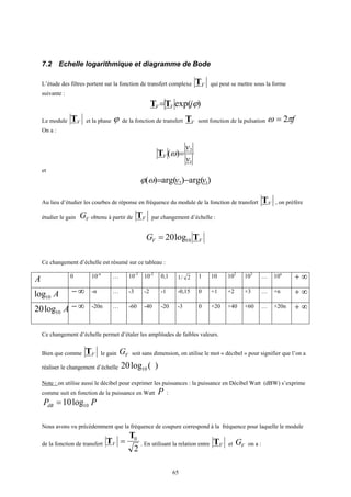 65
7.2 Echelle logarithmique et diagramme de Bode
L’étude des filtres portent sur la fonction de transfert complexe VT qui peut se mettre sous la forme
suivante :
)exp( ϕjVV TT =
Le module VT et la phase ϕ de la fonction de transfert VT sont fonction de la pulsation fπω 2=
On a :
1
2
)(
v
v
V =ωT
et
)arg()arg()( 12 vv −=ωϕ
Au lieu d’étudier les courbes de réponse en fréquence du module de la fonction de transfert VT , on préfère
étudier le gain VG obtenu à partir de VT par changement d’échelle :
VVG T10log20=
Ce changement d’échelle est résumé sur ce tableau :
A 0 10-n
… 10-3
10-2
0,1 2/1 1 10 102
103
… 10n
∞+
A10log ∞− -n … -3 -2 -1 -0,15 0 +1 +2 +3 … +n ∞+
A10log20 ∞− -20n … -60 -40 -20 -3 0 +20 +40 +60 … +20n ∞+
Ce changement d’échelle permet d’étaler les amplitudes de faibles valeurs.
Bien que comme VT le gain VG soit sans dimension, on utilise le mot « décibel » pour signifier que l’on a
réaliser le changement d’échelle )(log20 10
Note : on utilise aussi le décibel pour exprimer les puissances : la puissance en Décibel Watt (dBW) s’exprime
comme suit en fonction de la puissance en Watt P :
PPdB 10log10=
Nous avons vu précédemment que la fréquence de coupure correspond à la fréquence pour laquelle le module
de la fonction de transfert
2
0T
T =V . En utilisant la relation entre VT et VG on a :
 