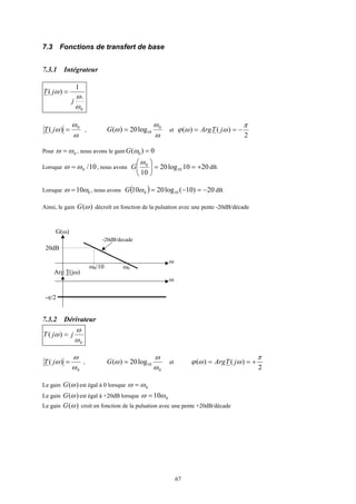 67
7.3 Fonctions de transfert de base
7.3.1 Intégrateur
0
.
1
)(
ω
ω
ω
j
jT =
ω
ω
ω 0
)( =jT ,
ω
ω
ω 0
10log20)( =G et
2
)()(
π
ωωϕ −== jTArg
Pour 0ωω = , nous avons le gain 0)( 0 =ωG
Lorsque 10/0ωω = , nous avons 2010log20
10
10
0
+==




ω
G dB.
Lorsque 010ωω = , nous avons ( ) 20)10(log2010 100 −=−=ωG dB.
Ainsi, le gain )(ωG décroît en fonction de la pulsation avec une pente -20dB/décade
G(ω)
Arg T(jω)
ω
ω
-π/2
-20dB/decade
ω0ω0/10
20dB
7.3.2 Dérivateur
0
)(
ω
ω
ω jjT =
0
)(
ω
ω
ω =jT ,
0
10log20)(
ω
ω
ω =G et
2
)()(
π
ωωϕ +== jTArg
Le gain )(ωG est égal à 0 lorsque 0ωω =
Le gain )(ωG est égal à +20dB lorsque 010ωω =
Le gain )(ωG croit en fonction de la pulsation avec une pente +20dB/décade
 