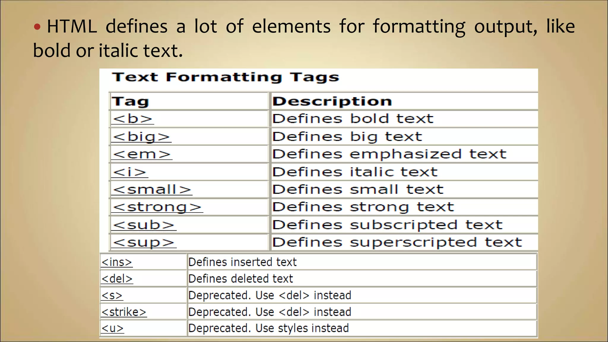  HTML defines a lot of elements for formatting output, like
bold or italic text.
 