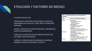 ETIOLOGÍA Y FACTORES DE RIESGO
CLASIFICACIÓN DE HIA
HIPERAGUDA, DURACIÓN DE SEGUNDOS A MINUTOS
(MANIOBRAS DE VALSALVA, TOSER, REÍR, ESTORNUDAR,
DEFECAR)
AGUDA, DURACIÓN DE HORAS (TRAUMAS, HEMORRAGIA,
EVENTOS QUIRÚRGICOS)
SUBAGUDA, DURACIÓN DE DÍAS (RESUCITACIÓN CON
VOLUMEN, GRAN QUEMADO)
CRÓNICA, DURATION MESES (EMBARAZO, OBESIDAD
MÓRBIDA, DIÁLISIS PERITONEAL, ASCITIS.)
 