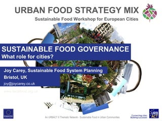 URBAN FOOD STRATEGY MIX
Sustainable Food Workshop for European Cities

SUSTAINABLE FOOD GOVERNANCE
What role for cities?
Joy Carey, Sustainable Food System Planning
Bristol, UK
joy@joycarey.co.uk
www.localfood.org.uk
http://localfoodfilm.org.uk/

An URBACT II Thematic Network - Sustainable Food in Urban Communities

 