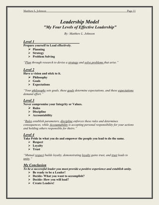 Matthew L. Johnson Page 11
Leadership Model
"My Four Levels of Effective Leadership"
By: Matthew L. Johnson
Level 1
Prepare yourself to Lead effectively.
 Planning
 Strategy
 Problem Solving
“Plan through research to devise a strategy and solve problems that arise.”
Level 2
Have a vision and stick to it.
 Philosophy
 Goals
 Expectations
“Your philosophy sets goals, these goals determine expectations, and these expectations
demand effort.”
Level 3
Never compromise your Integrity or Values.
 Rules
 Discipline
 Accountability
“Rules establish parameters, discipline enforces these rules and determines
consequences, while Accountability is accepting personal responsibility for your actions
and holding others responsible for theirs.”
Level 4
Take Pride in what you do and empower the people you lead to do the same.
 Respect
 Loyalty
 Trust
“Mutual respect builds loyalty, demonstrating loyalty gains trust, and trust leads to
unity.”
My Conclusion
To be a successful leader you must provide a positive experience and establish unity.
 Be ready to be a Leader!
 Decide- What you want to accomplish?
 Decide- How you will lead?
 Create Leaders!
 