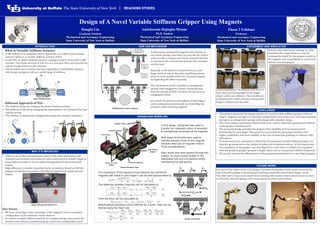 www.buffalo.edu
Design of A Novel Variable Stiffness Gripper Using Magnets
Hongfei Lin
Graduate Student
Mechanical and Aerospace Engineering
State University of New York at Buffalo
Amirhossein Hajiagha Memar
Ph.D. Student
Mechanical and Aerospace Engineering
State University of New York at Buffalo
Ehsan T Esfahani
Professor
Mechanical and Aerospace Engineering
State University of New York at Buffalo
INTRODUCTION OUR VSA MECHANISM EXPERIMENT AND SIMULATION
In this experiment The stiffness was set to a
low value to avoid damages to the fragile
object. with a low stiffness. The end effector
moved toward a table and one of the gripper
fingers collided with the table.
DESIGN AND MODELING
Based on the experiment strategy, we also
simulated this experiment in v-rep by
creating the model for the gripper as well as
the magnets and using Matlab to control the
robotic arm and gripper.
What is Variable Stiffness Actuator
• If the stiffness of a compliant joint is adjustable, it is called a series elastic
actuator (SEA) or a variable stiffness actuator (VSA).
• In the VSA, an elastic elements such as a spring is used in series with a stiff
actuator. The elastic element of VSA acts as a low-pass filter and absorbs the
impact energy from or to the actuator.
• VSA provides users with the intrinsic capabilities of bandwidth, impacts,
and energy storage as well as a useful range of stiffness.
Different Approach of VSA :
• The stiffness varies by changing the elastic element preload.
• The stiffness is altered by changing the transmission ratio between the load
and the spring.
• The stiffness is adjusted by changing the properties of elastic elements
•
Limitation:-
• Safety is one of the most important factor in the robot interaction with
unknown and dynamic environments and a robot needs to handle fragile or
sharp objects as well as service robots during physical interaction with
human.
• High-efficiency is another important factor in industry. Based on VSA the
gripper can handle more items with different kind of size, materials and
shapes.
Our Focus:
• We want our gripper takes advantage of the magnetic force in repulsive
configuration as the nonlinear elastic element.
• To achieve variable stiffness function in a compact design and control the
position and stiffness simultaneously by control two independent motor
WHY IT’S IMPORTANT
CONCLUSION
• This project presented the design aspects of a novel variable stiffness gripper with two
fingers. Magnetic springs in a repulsive configuration were used as the non-linear preload
springs in an antagonistic springs with antagonistic actuators setup.
• Two servo motors in position control mode were used to adjust the position and stiffness
of the gripper simultaneously.
• The proposed design provides the gripper with capability of force measurement
individually for each finger. This property can provide the grasping controller with
• higher capabilities and more stability in the case of uncertain grasping or collision with
stiff objects.
• An Experiment was conducted to show how the proposed variable stiffness gripper can
improve grasping task in the context of safety and compliant motion. In this experiment
the compliance of the gripper was investigated in a task where a robotic arm equipped
with the designed gripper grasped a fragile object and an unexpected collision happened.
• The results showed the effectiveness of the proposed mechanism for a two finger gripper..
One part of the future work is the gripper dynamic manipulate which means we would be
able to use the gripper to throwing and catching a item like what human finger can do.
The other part is have some experiment working with human-robot interaction to see how
it will work when the gripper have some physical contact with human.
FUTURE WORK
In this project, permanent magnets were chosen as
non-linear springs, since they can provide the system
with not only a compact non-linear elasticity but also
a noncontact force interaction between the actuators
and the load
Basically, in the absence of external forces, each
finger tends to stay in the static equilibrium point
which is at the middle of the two actuated magnets
by neglecting the effect of gravity.
This mechanism can be classified as antagonistic
springs with antagonistic motors’ group because
both the springs and the actuators are placed in an
antagonistic setup.
As a result, the position and stiffness of the fingers
can be adjusted simultaneously, by controlling the
positions of the actuated magnets.
In this design, timing belt was used to
transfer the rotational motion of actuators
to translational movement of the magnets.
Both sides of the belts were used to
transfer actuator forces to the magnets
because each pair of magnets need to
move simultaneously.
Each motor axis were passed through two
pulleys; an active pulley fixated on the
associated axis and one passive pulley
maintaining the belt tension.
The expression of the repulsive force between two cylindrical
magnets with radius R, and height h can be well approximated by
𝐹𝑚 𝑠 =
𝜋𝑢0 𝑀2 𝑅4
4
1
𝑠2
+
1
(𝑠 + 2ℎ)2
−
2
(𝑠 + ℎ)2
(1)
The distances between magnets can be calculated by
𝑙1 =
𝑑12 − 𝑊𝑚 − 𝑊𝑓
2
− ∆𝑥 𝑓 = 𝑥 𝑓 − 𝑥1 −
𝑊𝑚 + 𝑊𝑓
2
(2)
𝑙2 =
𝑑12 − 𝑊𝑚 − 𝑊𝑓
2
− ∆𝑥 𝑓 = 𝑥2 − 𝑥 𝑓 −
𝑊𝑚 + 𝑊𝑓
2
(3)
Then the force can be calculated by
𝐹 𝑥1, 𝑥2, 𝑥 𝑓 = 𝐹 𝑚1 − 𝐹 𝑚2 = 𝐹𝑚 𝑙1 − 𝐹𝑚 𝑙2 (4)
Mathematical expression of the stiffness for a given state can be
derived using the chain rule
𝐾 𝑥1, 𝑥2, 𝑥 𝑓 =
𝑑𝐹𝑚
𝑑𝑥 𝑓
=
𝑑𝐹 𝑚1
𝑑𝑥 𝑓
−
𝑑𝐹 𝑚2
𝑑𝑥 𝑓
=
𝑑𝐹 𝑚1
𝑑𝑙1
𝑑𝑙1
𝑑𝑥 𝑓
−
𝑑𝐹 𝑚2
𝑑𝑙2
𝑑𝑙2
𝑑𝑥 𝑓
=
𝑑𝐹𝑚
𝑑𝑠
𝑙1 +
𝑑𝐹𝑚
𝑑𝑠
𝑙2 (5)
Gripper Assembly Figure
Gripper Force Model
VSA Mechanism based on Magnet
Gripper Attached with Robotic Arm
Basic VSA Mechanism
 