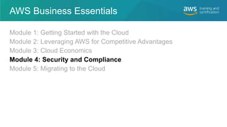AWS Business Essentials
Module 1: Getting Started with the Cloud
Module 2: Leveraging AWS for Competitive Advantages
Modul...