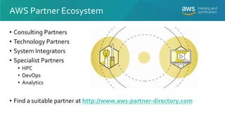 AWS Partner Ecosystem
• Consulting Partners
• Technology Partners
• System Integrators
• Specialist Partners
• HPC
• DevOp...