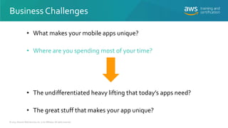 • What makes your mobile apps unique?
• Where are you spending most of your time?
• The undifferentiated heavy lifting tha...