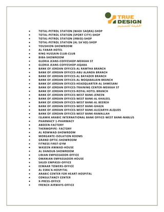 TOTAL-PETROL STATION (WADI SAQRA)-SHOP
 TOTAL-PETROL STATION (SPORT CITY)-SHOP
 TOTAL-PETROL STATION (IRBID)-SHOP
 TOTAL-PETROL STATION (AL SA'AD)-SHOP
 YOUSHION-SHOWROOM
 AL FANAR-HOTEL
 KING HUSSAIN CLUB-CLUB
 BIBA-SHOWROOM
 GLORIA JEANS-COFFESHOP-MEKKAH ST
 GLORIA JEANS-COFFESHOP-AQABA
 BANK OF JORDAN OFFICES-AL RAMTHA BRANCH
 BANK OF JORDAN OFFICES-ABU ALANDA BRANCH
 BANK OF JORDAN OFFICES-AL BAYADER BRANCH
 BANK OF JORDAN OFFICES-AL MOQABALAIN BRANCH
 BANK OF JORDAN OFFICES-HEADQUARTER-AL SHMESANI
 BANK OF JORDAN OFFICES-TRAINING CENTER-MEKKAH ST
 BANK OF JORDAN OFFICES-ROYAL HOTEL BRANCH
 BANK OF JORDAN OFFICES-WEST BANK-JENEEN
 BANK OF JORDAN OFFICES-WEST BANK-AL KHALEEL
 BANK OF JORDAN OFFICES-WEST BANK-AL BEEREH
 BANK OF JORDAN OFFICES-WEST BANK-GHAZA
 BANK OF JORDAN OFFICES-WEST BANK-ALEZARYH-ALQUDS
 BANK OF JORDAN OFFICES-WEST BANK-RAMALLAH
 ISLAMIK ARABIC INTERNATIONAL BANK OFFICE-WEST BANK-NABLUS
 PHARMACY 1-PHARMACY
 ABDEEN-FACTORY
 THERMOPIPE- FACTORY
 AL ROWWAD-SHOWROOM
 MORGANTE-ISOLATION ROOMS
 GRAND OPTIC-SHOWROOM
 FITNESS FIRST-GYM
 WASEEN AWWAD-HOUSE
 AL DANOUB-SHOWROOM
 LIBIAN EMPASSADOR-OFFICE
 OMANIAN EMPASSADOR-HOUSE
 SAUDI EMPASSI-OFFICE
 EEMAAR TOWERS-OFFICE
 AL ESRA'A-HOSPITAL
 ARABIC CENTER FOR HEART-HOSPITAL
 CONSULTANCY CENTER
 X-PRESS-OFFICE
 FRENCH AIRWAYS-OFFICE
 