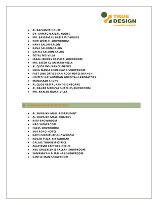  AL BAZLAMIT-HOUSE
 DR. AHMAD NAZZAL-HOUSE
 MR. BASSAM AL BAZLAMIT-HOUSE
 NEW WORLD -SHOWROOM
 HANY SALON-SALON
 BANA SALOON-SALON
 CASTLE SALOON-SALON
 TOTAL MD-VILLA
 JABALI BRIDES DRESSES-SHOWROOM
 MR. SALEH AL AMMARI-VILLA
 AL QUDS INSURANCE-OFFICE
 COCA MANIA CHOCOLATE-SHOWROOM
 FAST LINK OFFICE-SAN ROCK HOTEL BRANCH
 UNITED LAB'S-JORDAN HOSPITAL-LABORATORY
 MANASRAH SHOPS
 AL QUDS RESTAURANT-SIGNBOARD
 AL NAHAR MEDICAL SUPPLIES-SHOWROOM
 MR. KHALED OMAR-VILLA
 SUPERVISION&CONSULTING
 AL SHWAIKH MALL-RESTAURANT
 AL SHWAIKH MALL-FROZENS
 BIBA-SHOWROOM
 H&C-SHOWROOM
 FACES-SHOWROOM
 SILK ROAD-HOTEL
 BAITI FURNITURE-SHOWROOM
 KONZO PIZZA-RESTAURANT
 DALLAS TOURISM-OFFICE
 ZALATEMO FACTORY-OFFICE
 ABU GHAZALEH & FALLAH-SHOWROOM
 SAMAMA'AH & MALHAS-SHOWROOM
 GENTLE MAN-SHOWROOM
 