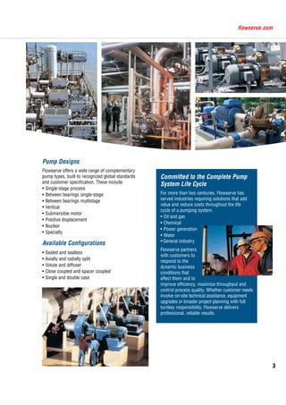 3
flowserve.com
Committed to the Complete Pump
System Life Cycle
For more than two centuries, Flowserve has
served industries requiring solutions that add
value and reduce costs throughout the life
cycle of a pumping system.
•	Oil and gas
•	Chemical
•	Power generation
•	Water
•	General industry
Flowserve partners
with customers to
respond to the
dynamic business
conditions that
affect them and to
improve efficiency, maximize throughput and
control process quality. Whether customer needs
involve on-site technical assistance, equipment
upgrades or broader project planning with full
turnkey responsibility, Flowserve delivers
professional, reliable results.
Pump Designs
Flowserve offers a wide range of complementary
pump types, built to recognized global standards
and customer specification. These include:
•	Single-stage process
•	Between bearings single-stage
•	Between bearings multistage
•	Vertical
•	Submersible motor
•	Positive displacement
•	Nuclear
•	Specialty
Available Configurations
•	Sealed and sealless
•	Axially and radially split
•	Volute and diffuser
•	Close coupled and spacer coupled
•	Single and double case
 